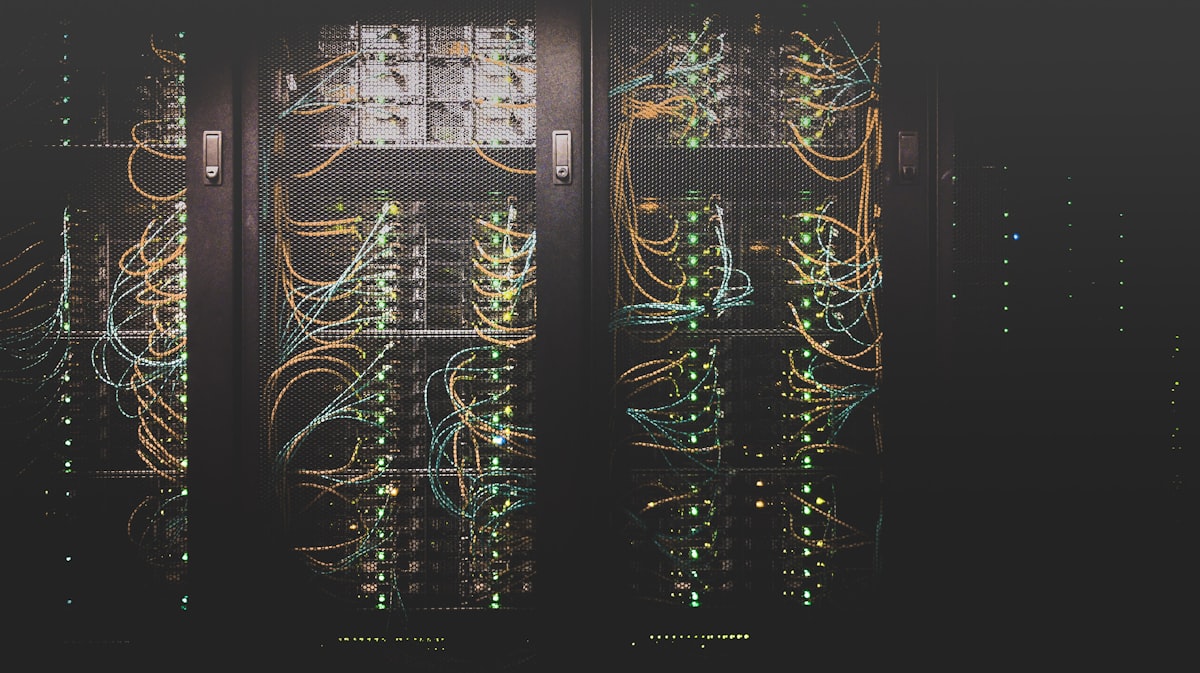 Configured network equipment with patch cables and active status lights
