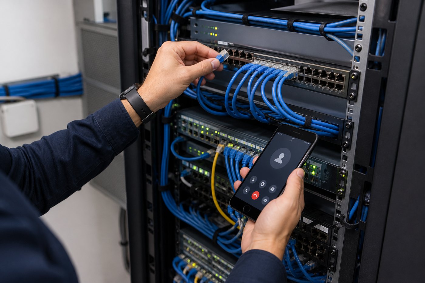 Technician working in a network rack while on a support call